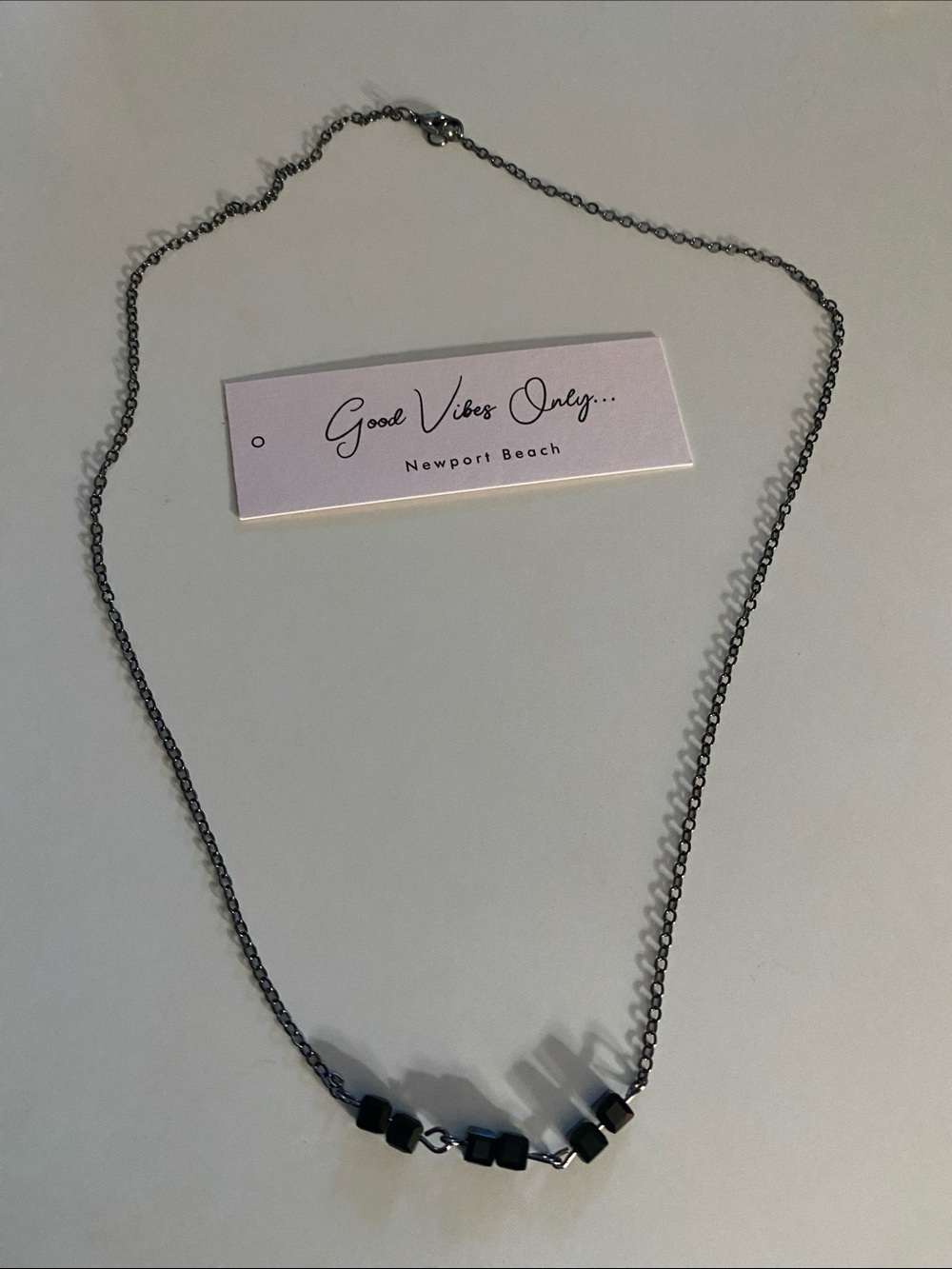 Good Vibes Only Newport Beach Gunmetal fine Chain black Beaded Necklace! NWT!